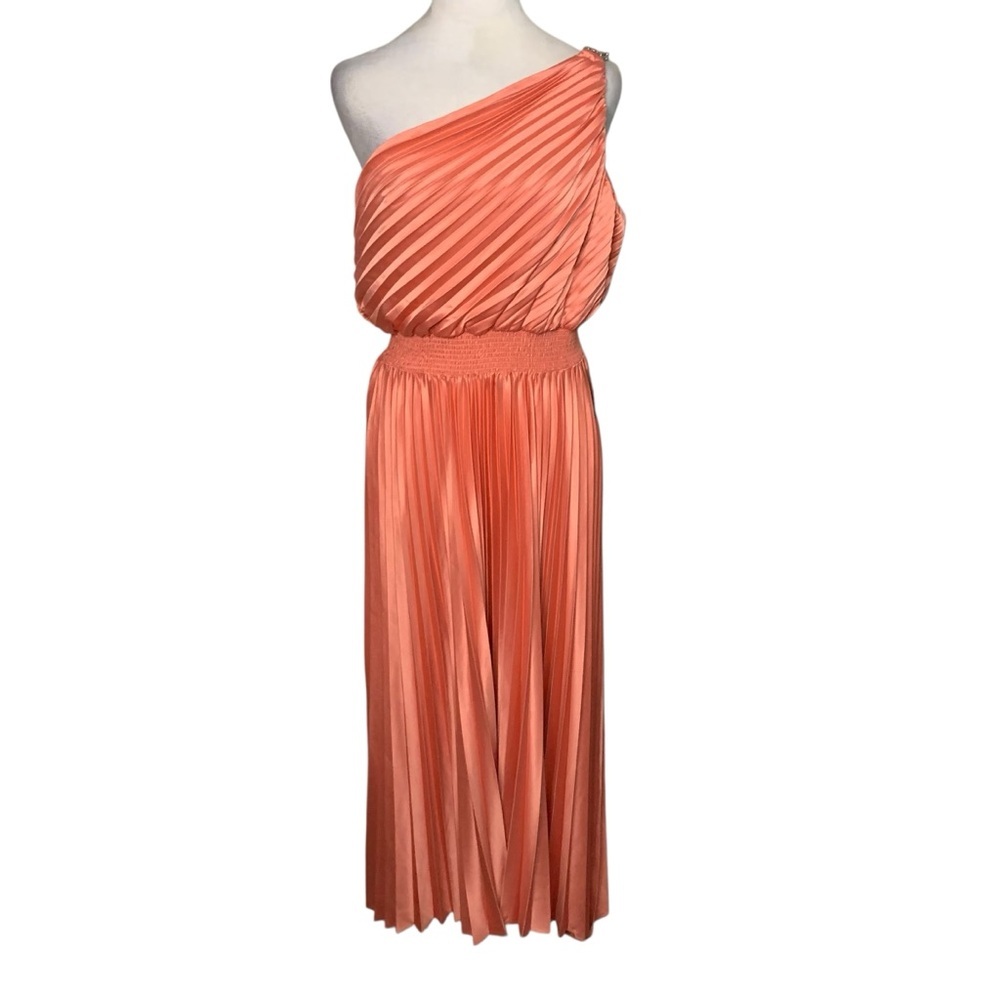 NWT MARINA Medium Asymmetrical Hem Coral Pleated One Shoulder Midi Dress Formal